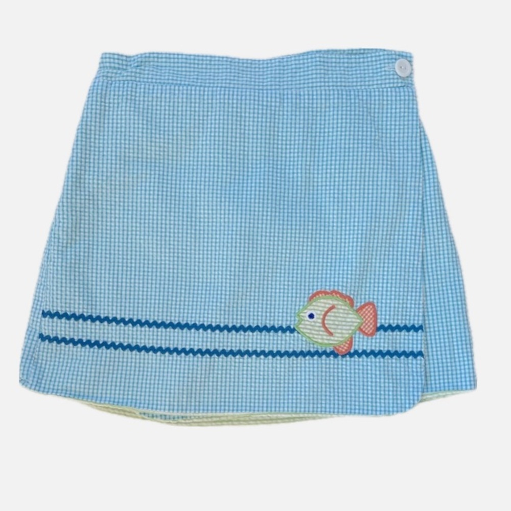 MONDAYS CHILD VGUC Seersucker Reversible Fish Appliqué Green Striped Wrap Skirt